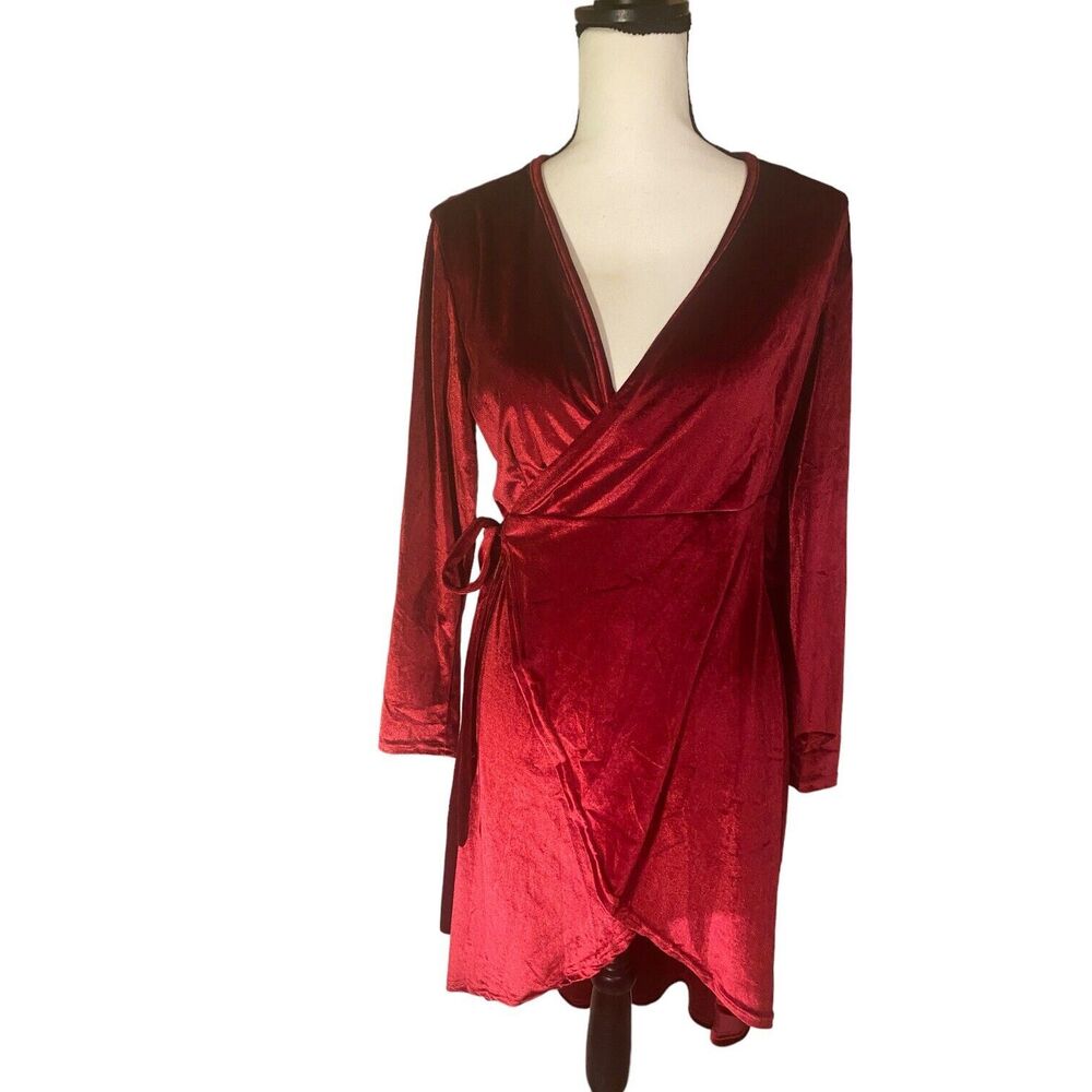 Leadingstar Wrap Dress M Womens Velvet High Low Burgundy V-neck Long Sleeves NWT